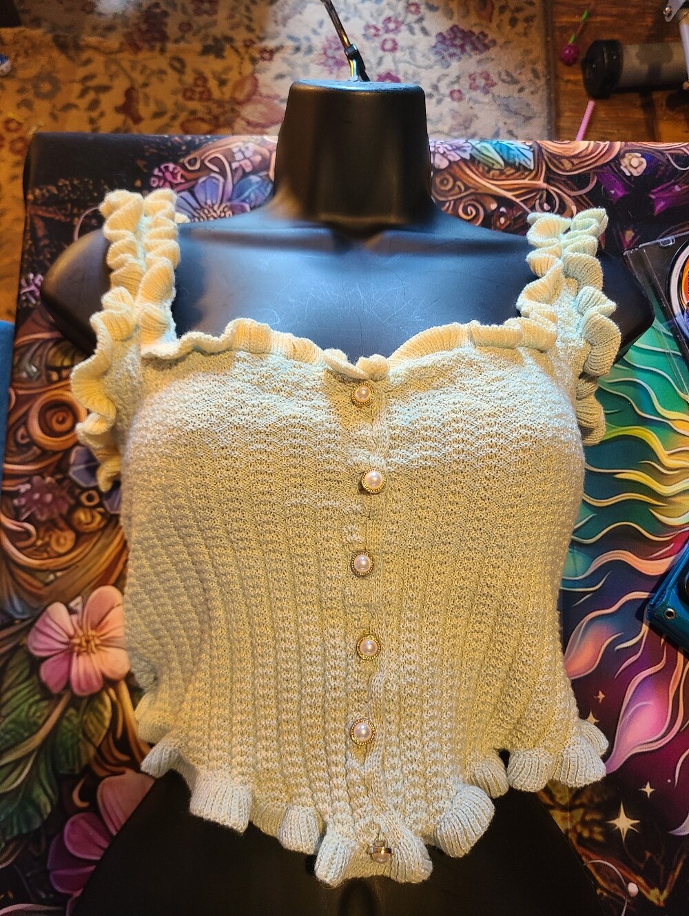 SHEIN Pale Yellow Green Ombre Ruffled Knit Crop Tank with Pearl Buttons